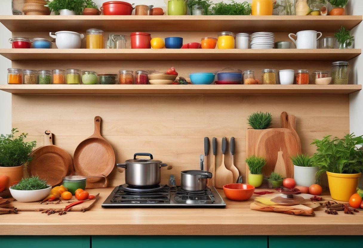 An inviting kitchen scene filled with a variety of high-quality kitchen gadgets neatly organized on a beautiful wooden countertop. Include a cheerful person using a colorful gadget to create a dish, surrounded by fresh ingredients and warm, natural lighting. The background features shelves adorned with spices and plants, creating a cozy and ecstatic atmosphere. vibrant colors. super-realistic.