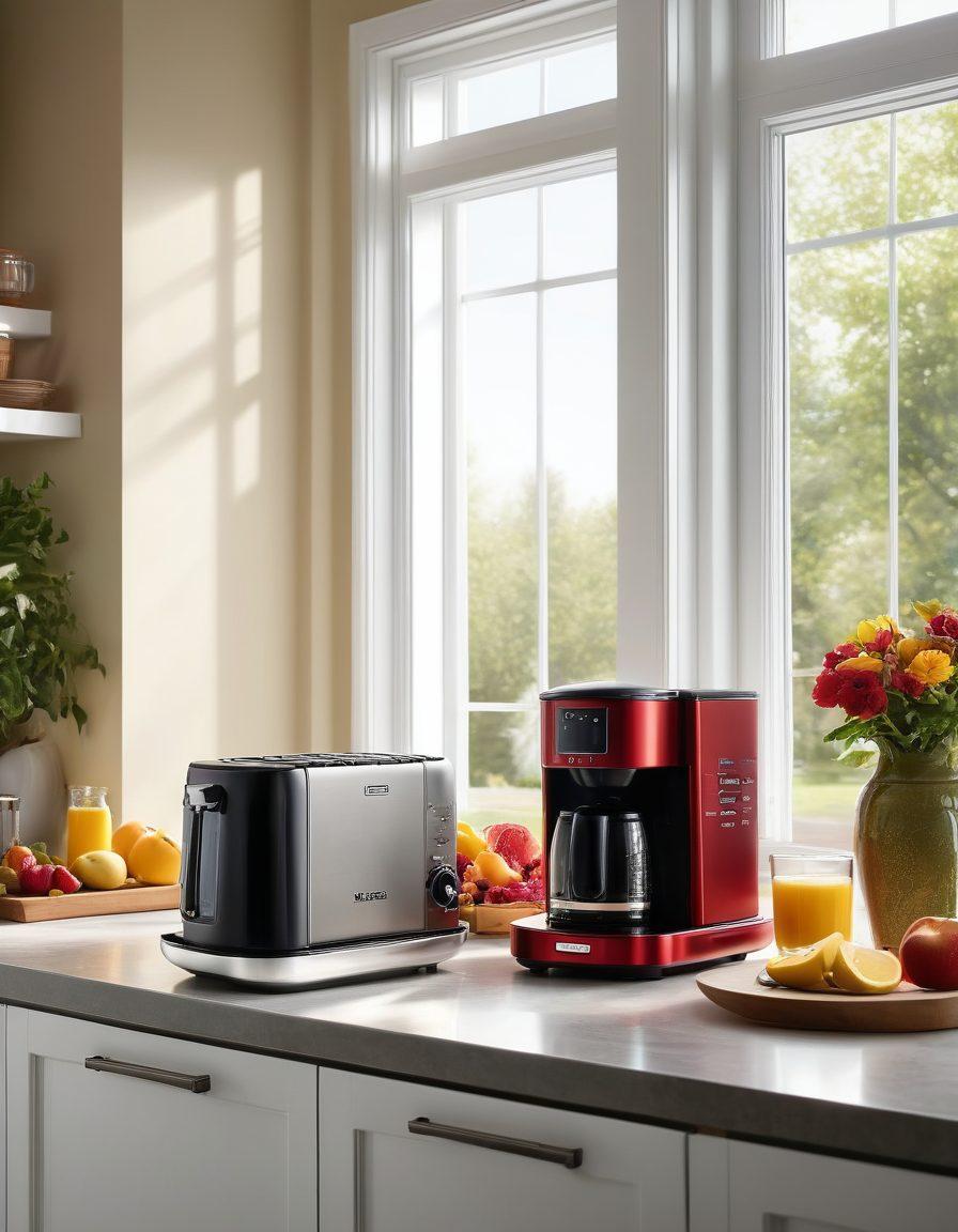 A modern, stylish kitchen filled with innovative appliances, showcasing a sleek coffee maker, an elegant toaster, and a vibrant stand mixer. Sunlight streams in through large windows, highlighting fresh flowers and colorful fruits on a countertop. A family is joyfully interacting, preparing a meal together, creating a warm, inviting atmosphere. super-realistic. vibrant colors. warm lighting.