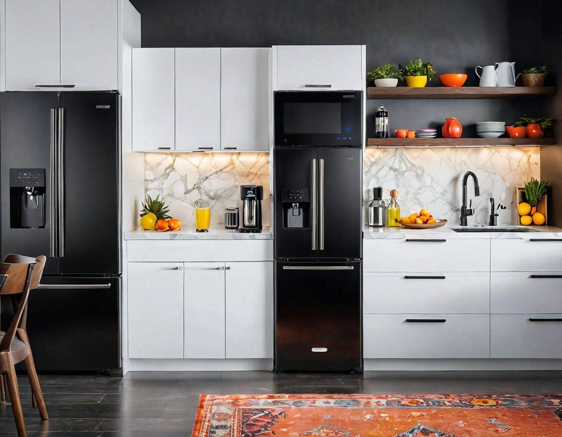 A beautifully arranged modern kitchen showcasing vibrant, high-tech appliances like a smart refrigerator, a sleek coffee machine, and a stylish mixer, all glowing with joy and delight. Add fresh fruits, elegant utensils, and cozy lighting to create an inviting atmosphere that emphasizes comfort and functionality. Bright colors and clean lines for a fresh look. super-realistic. vibrant colors. 3D.